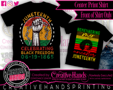 Load image into Gallery viewer, Juneteenth Center Print Design: Custom Tee Shirt- Short Sleeve (Designs 1-68)