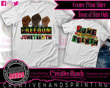 Load image into Gallery viewer, Juneteenth Center Print Design: Custom Tee Shirt- Short Sleeve (Designs 1-68)