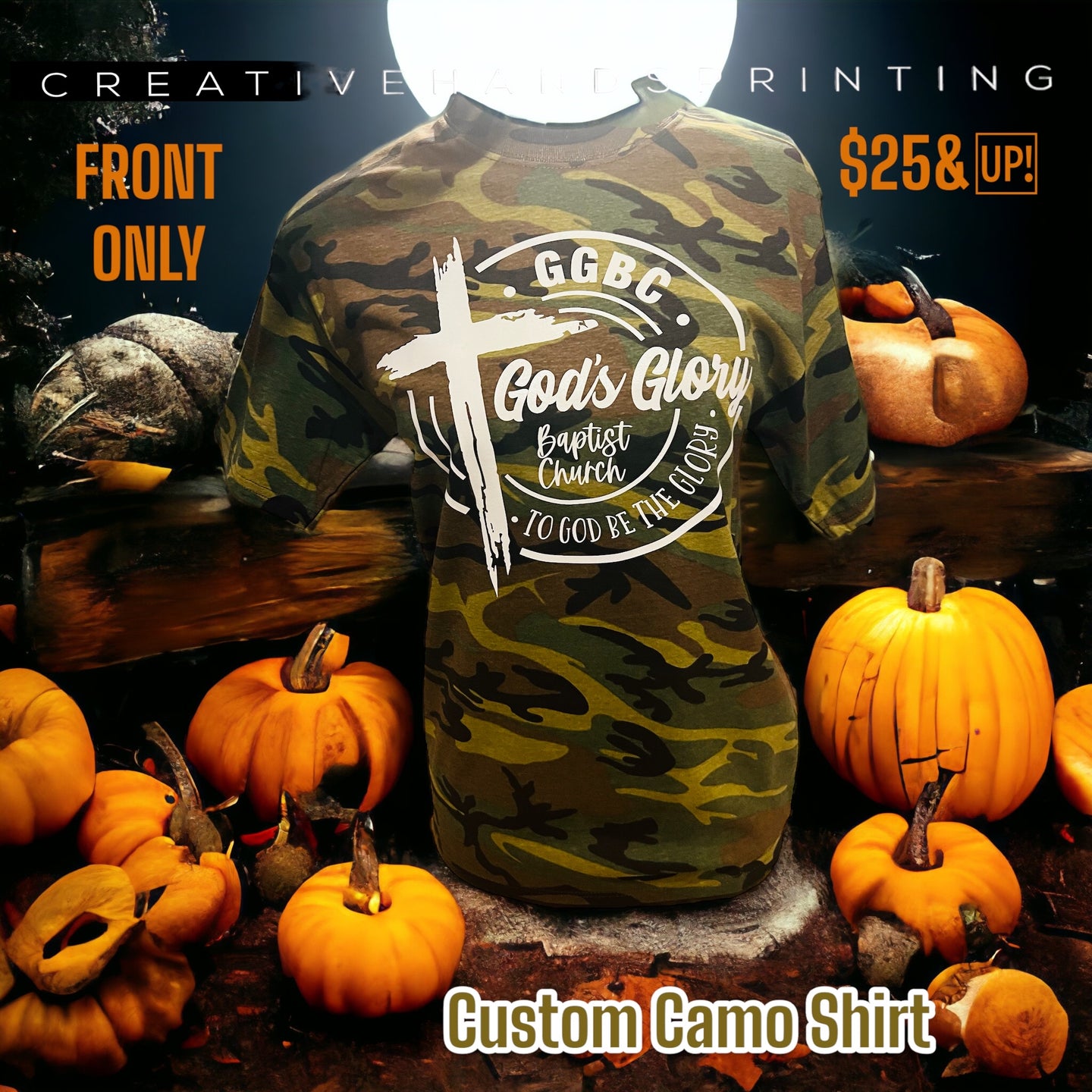 Camouflage Center Print Design: Custom Tee Shirt- Short Sleeve (Any Design)