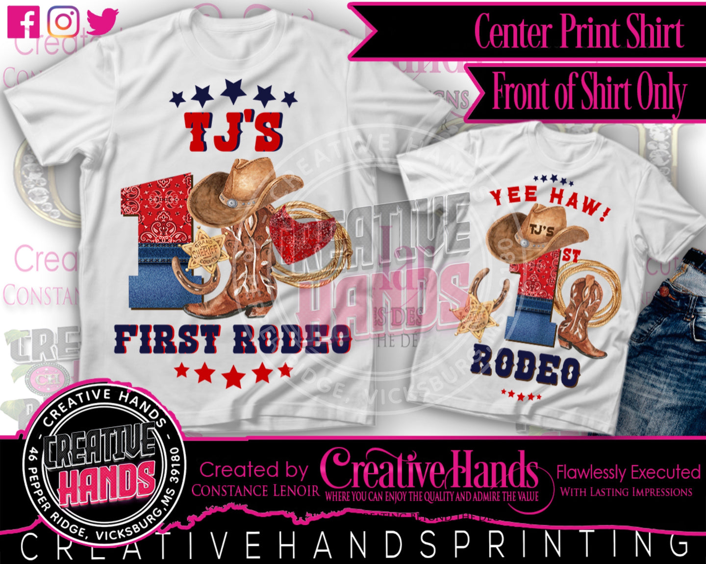 First Rodeo Center Print Design: Custom Tee Shirt- Short Sleeve