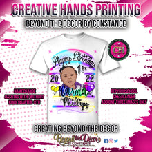 Load image into Gallery viewer, Airbrushed Happy Birthday Colorful Center Print Design: Custom Tee Shirt- Short Sleeve
