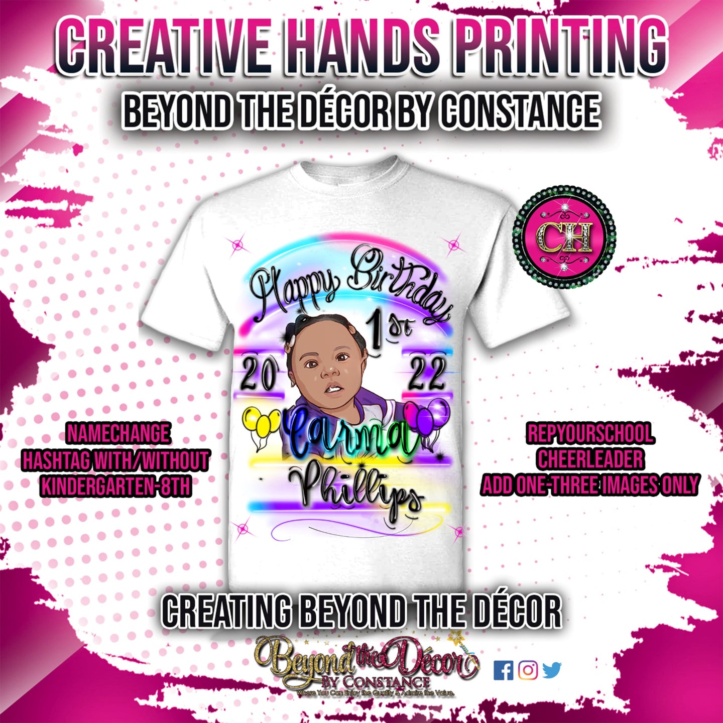 Airbrushed Happy Birthday Colorful Center Print Design: Custom Tee Shirt- Short Sleeve