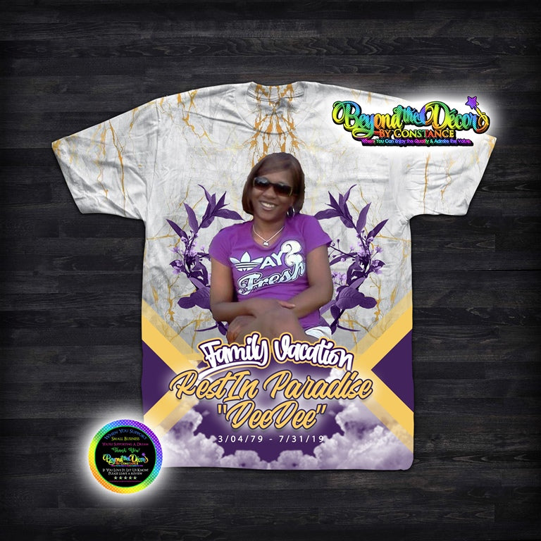 Memorial Rest in Paradise -Purple & Yellow (3D) All Over Print Tee Shirt - Front Only