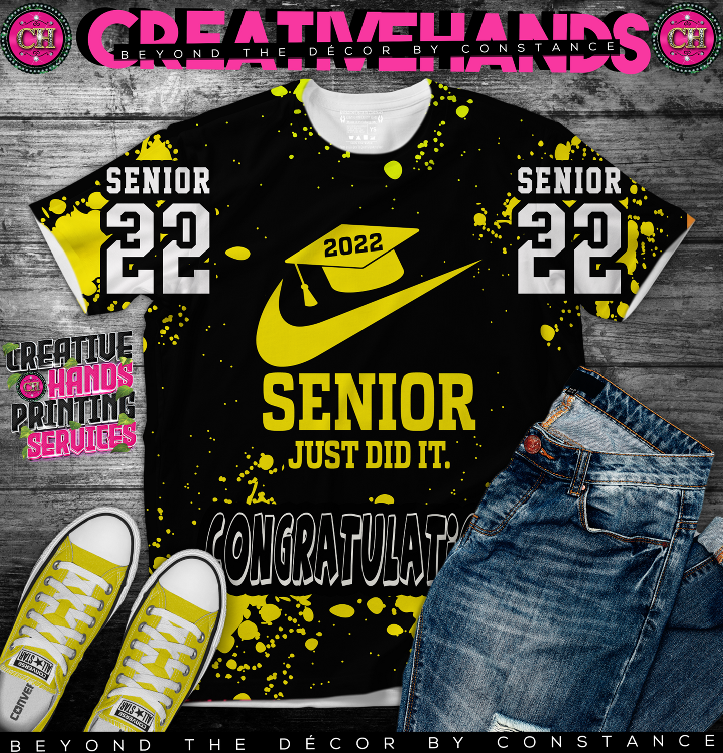 Graduation or Senior Black & Yellow  #93 (3D) All Over Print Tee Shirt or Center Design - Front Only