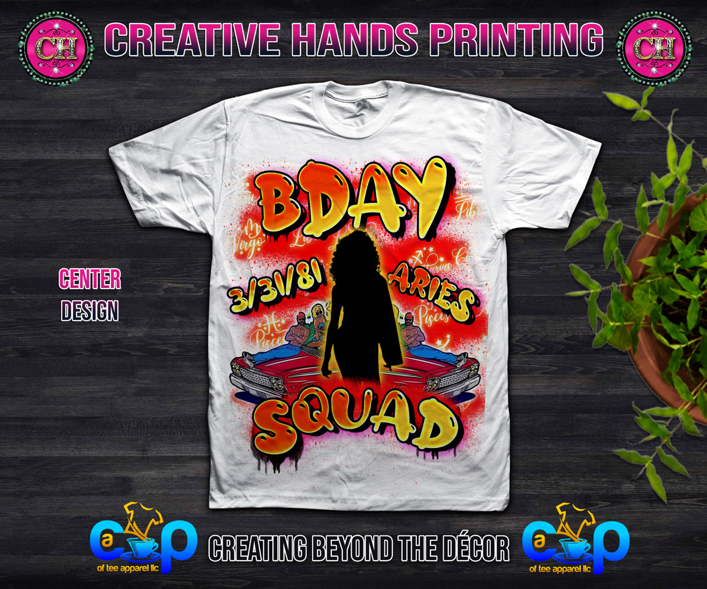 Birthday Airbrushed Effect Center Print Design: Custom Tee Shirt- Short Sleeve (Any Design)