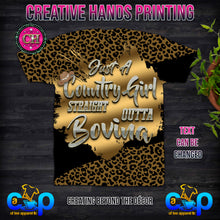 Load image into Gallery viewer, Just A 🤠Country Girl- Straight Outta _____ Cheetah Print (3D) All Over Print Tee Shirt or Center Design - Front Only
