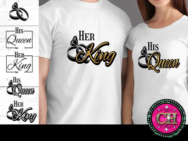 Her King or His Queen Couples Custom Tee Shirt- Short Sleeve