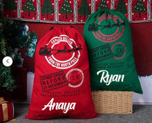 Load image into Gallery viewer, Custom Santa Sack, North Pole Express Santa Delivery Sack, Christmas gift bag
